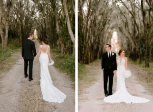 Outdoor Bride and Groom Portrait | Groom Wearing Classic Black Suit Tux | White Peony Bridal Bouquet | Sheath Illusion Lace Bridal Gown wedding Dress
