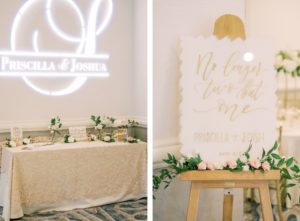 Romantic Timeless Wedding Reception Decor, Table with Ivory Lace Linen, Bride and Groom Gobo Projection, Modern Acrylic White and Gold Script Welcome Sign with Greenery and Blush Pink, Ivory Roses | Tampa Bay Wedding Planner Special Moments Event Planning | Wedding Rentals Kate Ryan Event Rentals