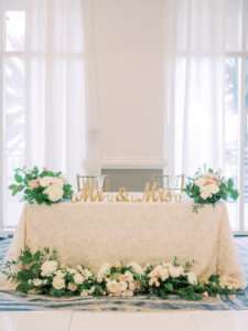 Timeless Romantic Sweetheart Table with Ivory Floral Linen, Lush Greenery and White, Blush Pink Roses and Hydrangeas, Gold Mr and Mrs Table Sign, Chiavari Chairs | Tampa Bay Wedding Planner Special Moments Event Planning | Wedding Rentals Kate Ryan Event Rentals | Wedding Venue Hyatt Regency Clearwater Beach
