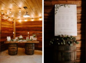 Rustic Plant City Wedding Guestbook Table with Wood Barrels and Greenery Garland | Greenery Motif Wedding Seating Chart Poster on Wood Barrel with Eucalyptus Greenery