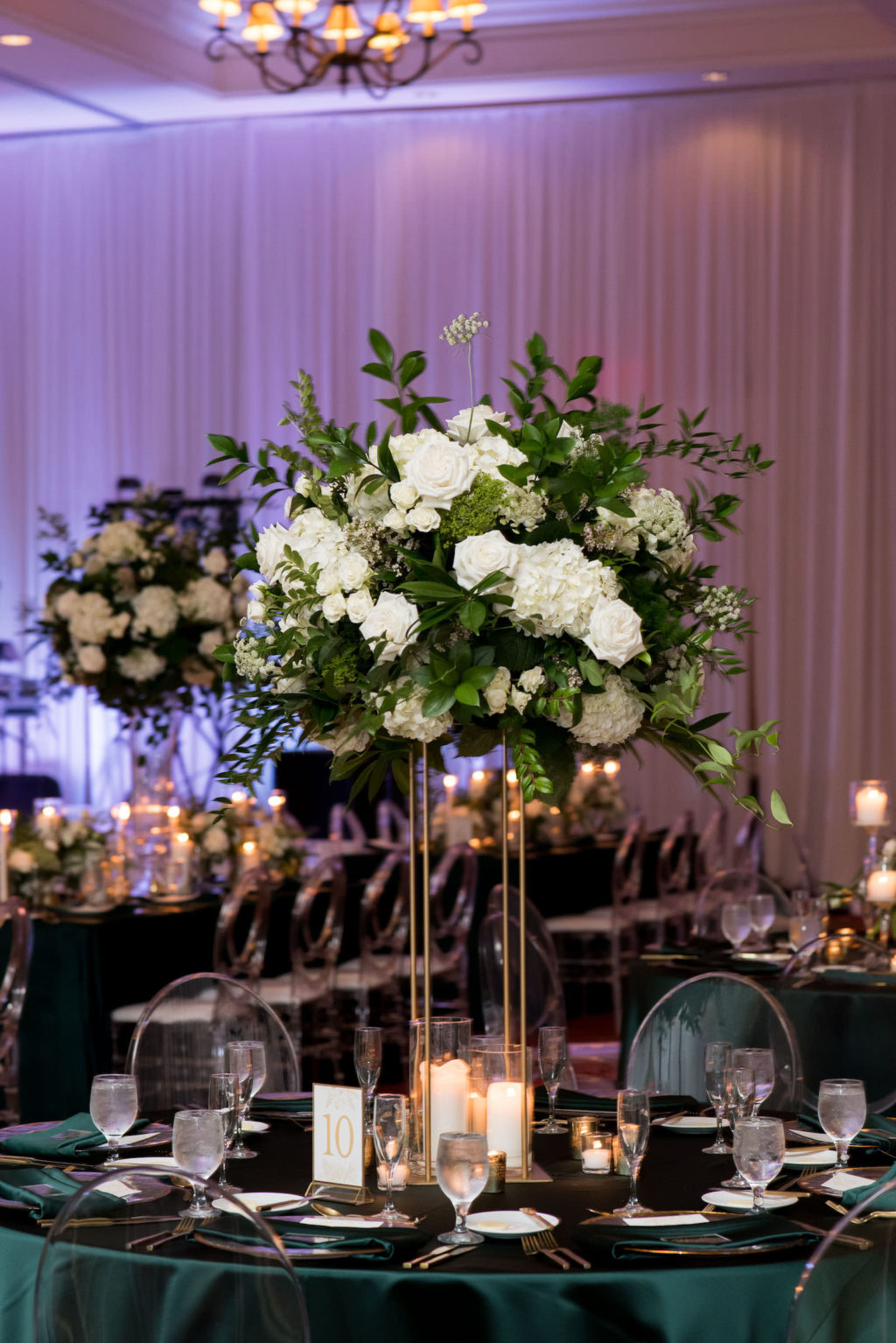 Elegant Wedding Reception Decor, Emerald Green Linens, Tall Gold Stand with White Roses, Hydrangeas and Greenery Floral Centerpiece | Tampa Bay Wedding Planner Parties A'la Carte | St. Wedding Venue The Vinoy | Wedding Rentals A Chair Affair