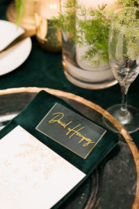 Elegant Wedding Reception Decor, Emerald Green Linens, Gold Chargers and Flatware, Acrylic Place Card | Tampa Bay Wedding Planner Parties A'la Carte | Wedding Rentals A Chair Affair