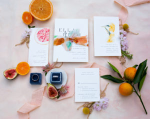 Citrus Inspired Florida Wedding Invitation and Stationery Suite, Bright Contrast with Orange, Pink and Dark Blue