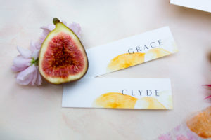 Florida Citrus Inspired Wedding Place Cards with Yellow and Dark Blue Colors