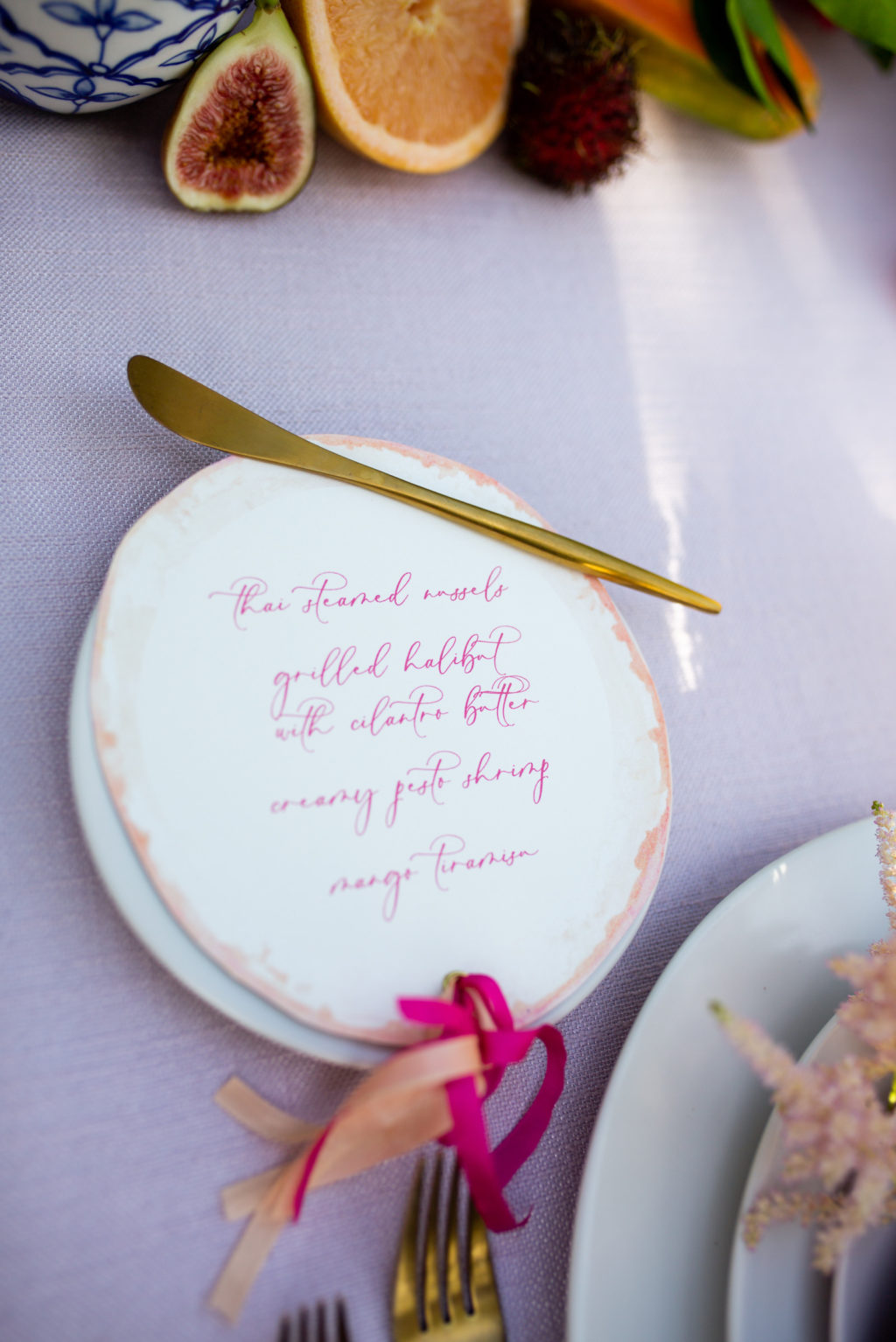 Citrus Inspired Florida Wedding Reception Decor, Table Setting with Custom Circle Menu Bright Pink Calligraphy, Gold Flatware