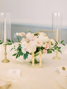 Timeless Romantic Wedding Reception Decor, Low Floral Centerpiece with Blush Pink and Ivory Roses, Greenery, Gold Candlesticks and Acrylic Table Number | Tampa Bay Wedding Planner Special Moments Event Planning | Wedding Rentals Kate Ryan Event Rentals