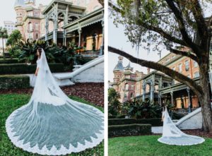Timeless Classic Bride with Romantic Full Length Lace Trim Wedding Veil Outside University of Tampa