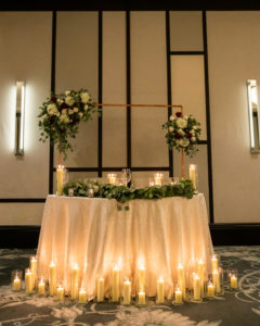 Elegant Timeless Wedding Reception Decor, Sweetheart Table with Ivory Linen, Candles, Greenery Eucalyptus Garland, Arch with Floral Arrangements | Tampa Bay Wedding Planner Elegant Affairs by Design