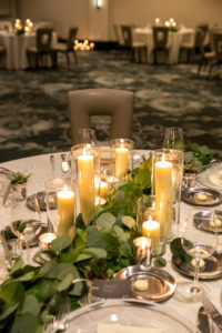 Elegant Timeless Wedding Reception Decor, Greenery Eucalyptus Garland, Hurricane Vase Candles | Tampa Bay Wedding Planner Elegant Affairs by Design