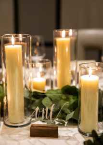 Elegant Timeless Wedding Reception Decor, Greenery Eucalyptus Garland, Hurricane Vase Candles, Acrylic Table Number | Tampa Bay Wedding Planner Elegant Affairs by Design