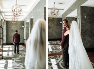 Florida Groom in Burgundy Tuxedo First Look with Timeless Bride