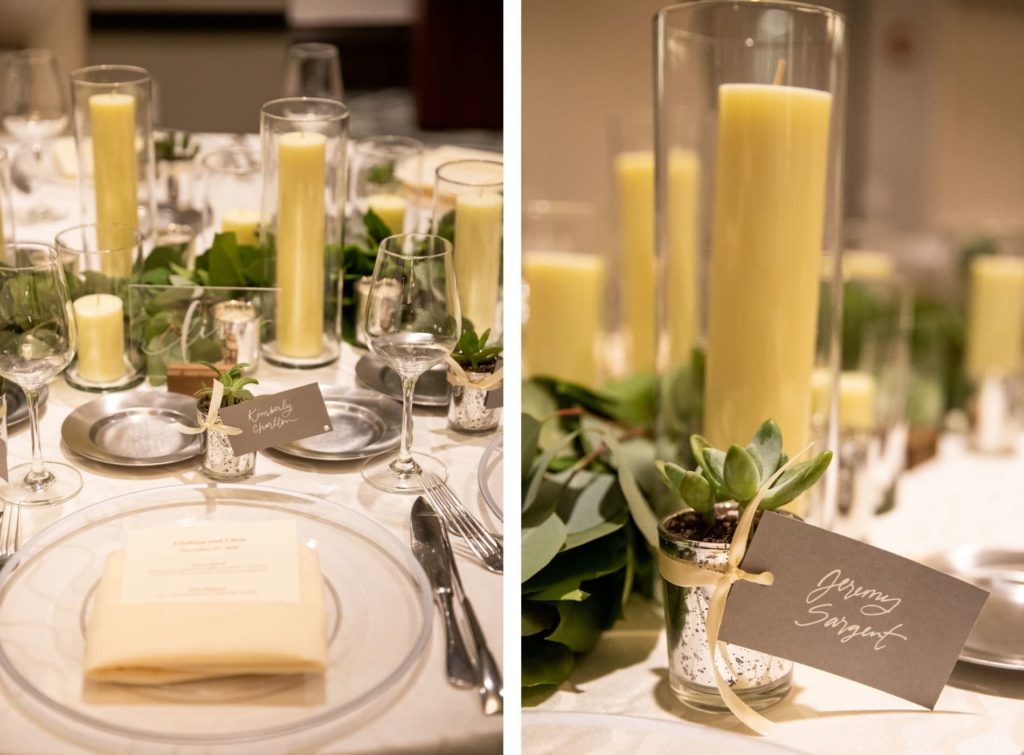 Simple Timeless Wedding Reception Decor, Hurricane Vase Candles, Eucalyptus Greenery Garland, Succulent Plant Wedding Guest Favor | Tampa Bay Wedding Planner Elegant Affairs by Design