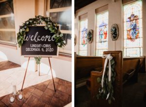 Simple Timeless Wedding Ceremony Decor, Chalkboard Welcome Sign with Eucalyptus Garland and Greenery Leaves Arrangement on Church Pews | Tampa Bay Wedding Planner Elegant Affairs by Design