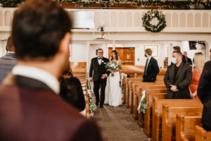 Timeless Bride Walking Down the Wedding Ceremony Aisle to Groom with Father | Traditional Church Wedding Ceremony