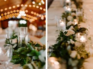 Long Feasting Tables with White Linens and Rose and Eucalyptus Greenery Garland Centerpieces with Floating Candles under a Canopy of String Lights