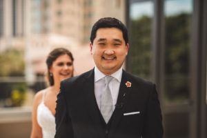 Groom Excited Face First Look with Bride Wedding Photo