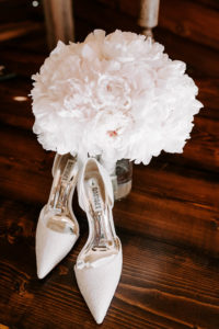 White Peony Bridal Wedding Bouquet with Badgley Mischka Designer White Lace Pumps Bride Shoes