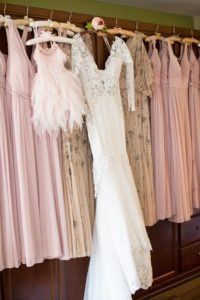Lace Bodice Long Sleeve V Neckline Wedding Dress, Blush Pink Flower Girl Dress, Bridesmaids Dresses Hanging