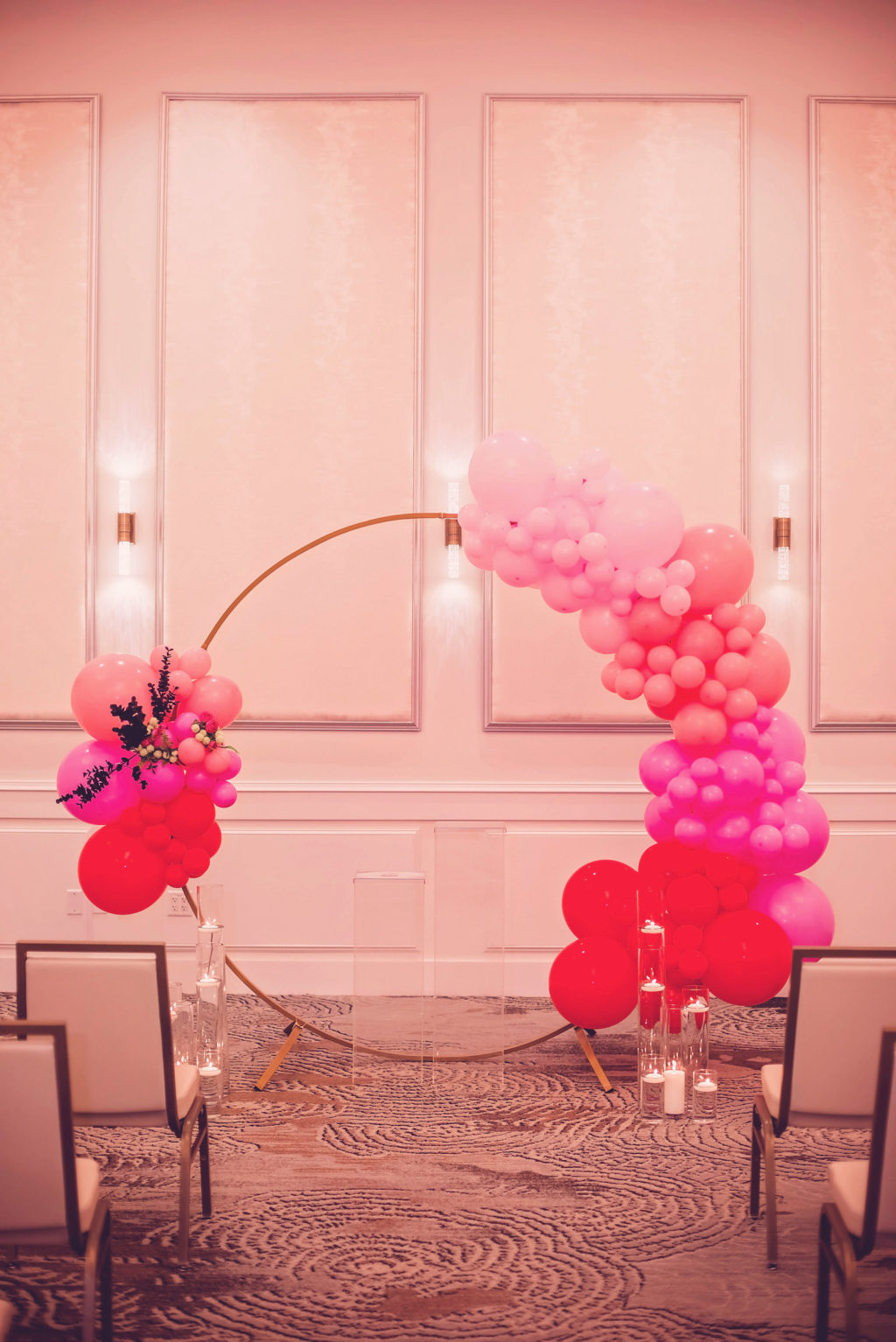 Wedding Ceremony Arch with Pink and Red Ombre Balloon Arch Decor | EventFull Weddings