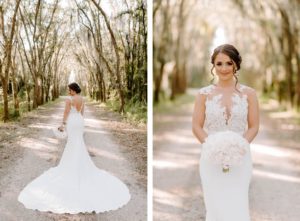 Outdoor Bridal Portrait | Illusion Lace Bodice Sheath Bridal Gown Wedding Dress | White Peony Bride Bouquet | Femme Akoi Beauty Studio Bridal Hair