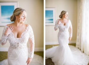 Bride Wearing Lace and Illusion Long Sleeve Plunging Neckline Wedding Dress Beauty Portrait
