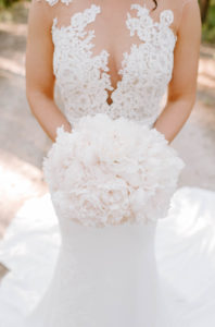 Outdoor Bridal Portrait | Illusion Lace Bodice Sheath Bridal Gown Wedding Dress | White Peony Bride Bouquet