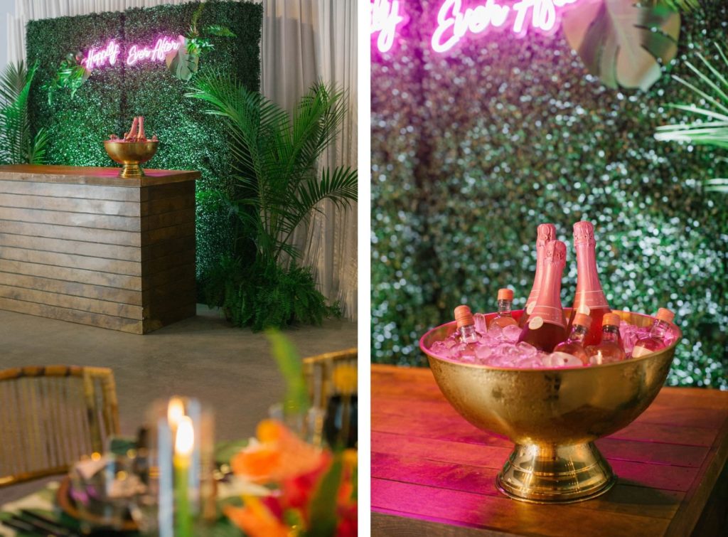 Greenery Boxwood Bar Backdrop with Neon Happily Ever After Sign Tropical Destination Beach Wedding Inspiration | Bellwether Beach Resort Styled with Love by Marry Me Tampa Bay