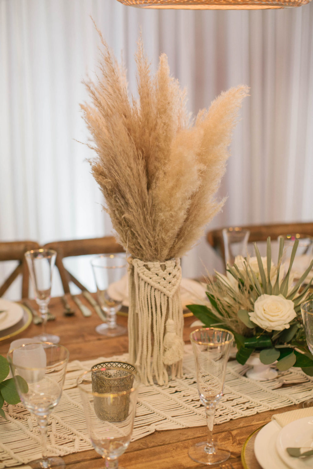 Boho Pampas Grass Centerpieces with Macrame Table Runner | Reception Decor Ideas and Inspiration | Styled With Love at St. Pete Beach Wedding Venue Bellwether Beach Resort