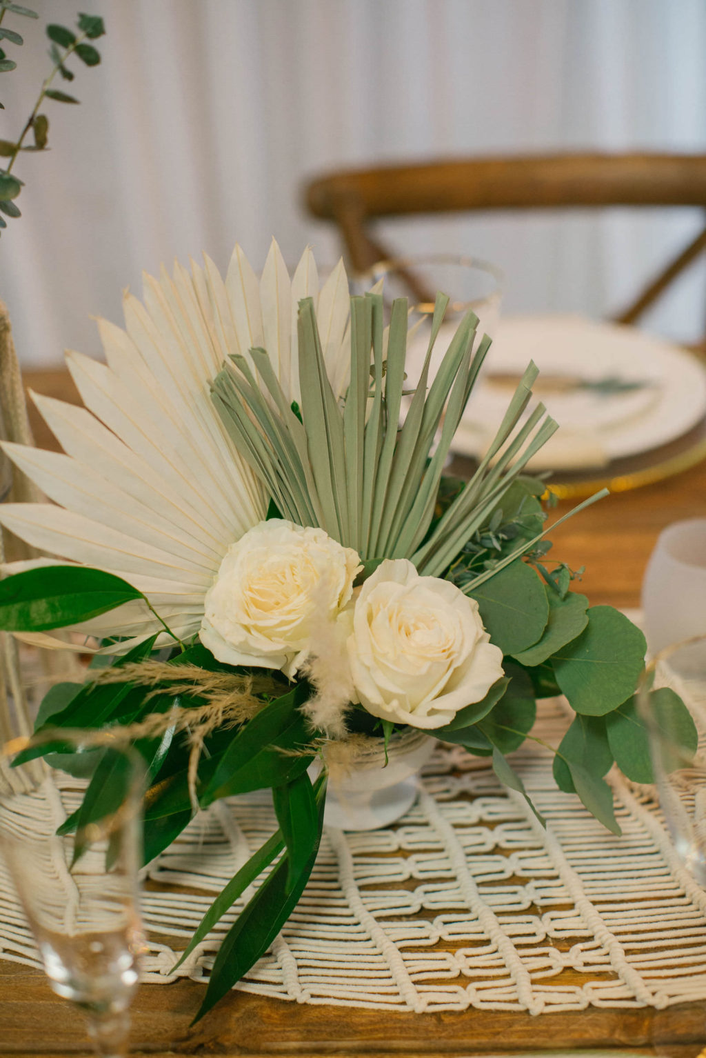 Boho Eucalyptus Greenery and White Ivory Rose Centerpieces with Macrame Table Runner | Styled With Love at St. Pete Beach Wedding Venue Bellwether Beach Resort