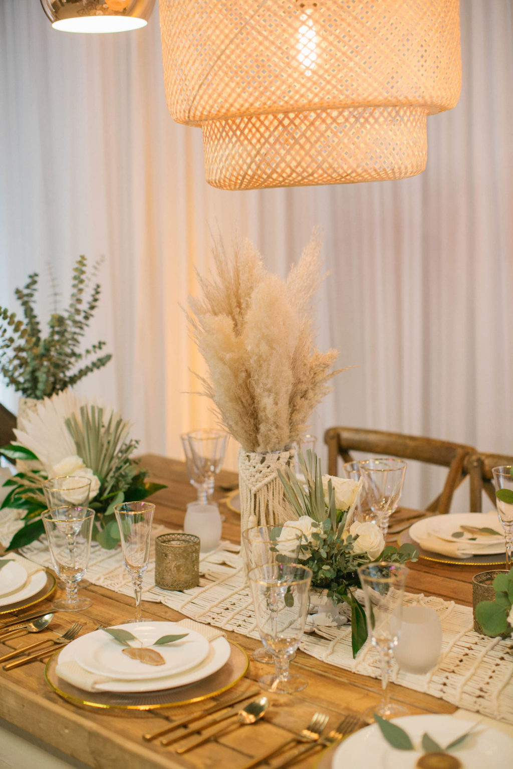 Boho Pampas Grass and Eucalyptus Greenery Centerpieces with Macrame Table Runner | Reception Decor Ideas and Inspiration | Styled With Love at St. Pete Beach Wedding Venue Bellwether Beach Resort