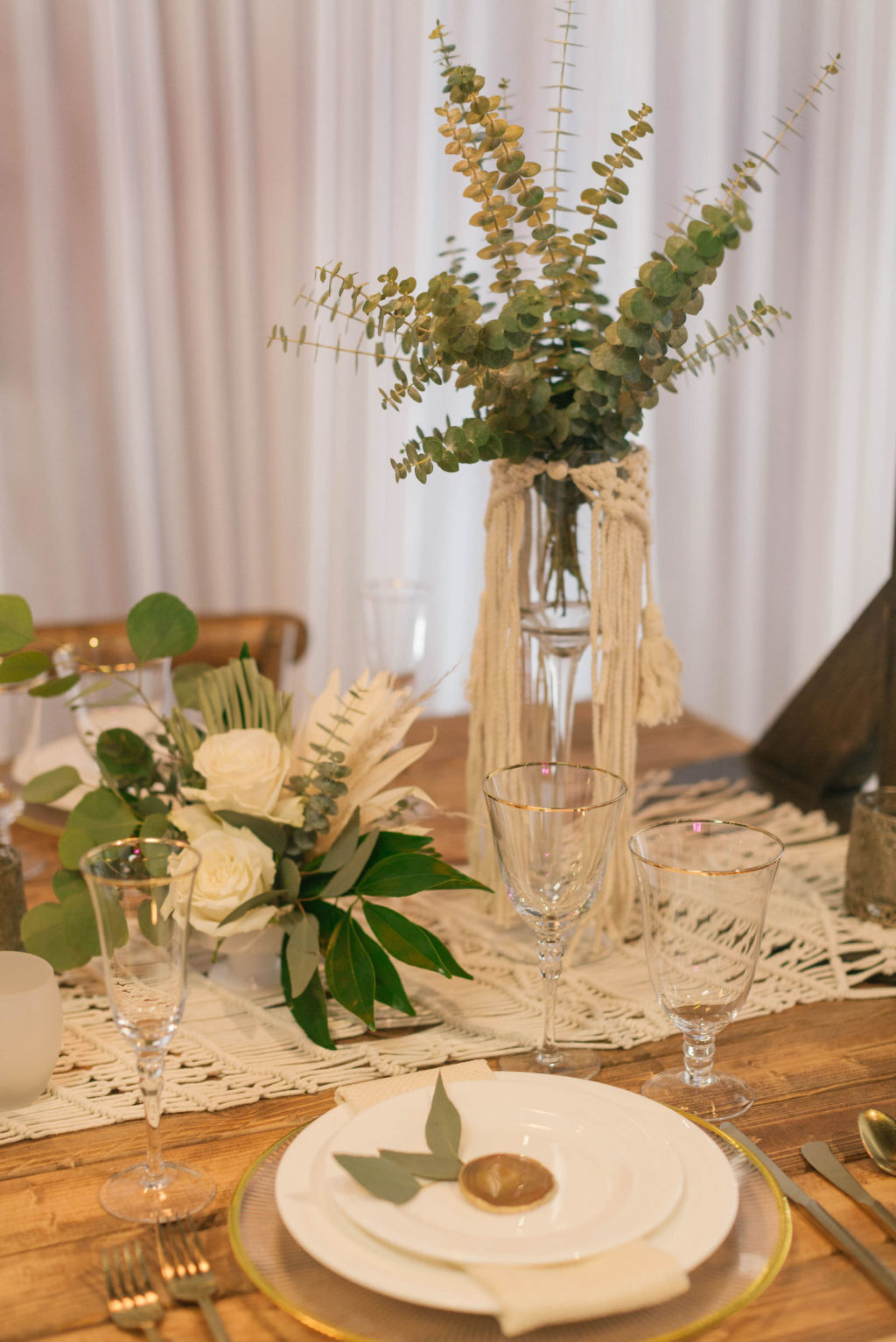 Boho Eucalyptus Greenery Centerpieces with Macrame Table Runner | Reception Decor Ideas and Inspiration | Styled With Love at St. Pete Beach Wedding Venue Bellwether Beach Resort