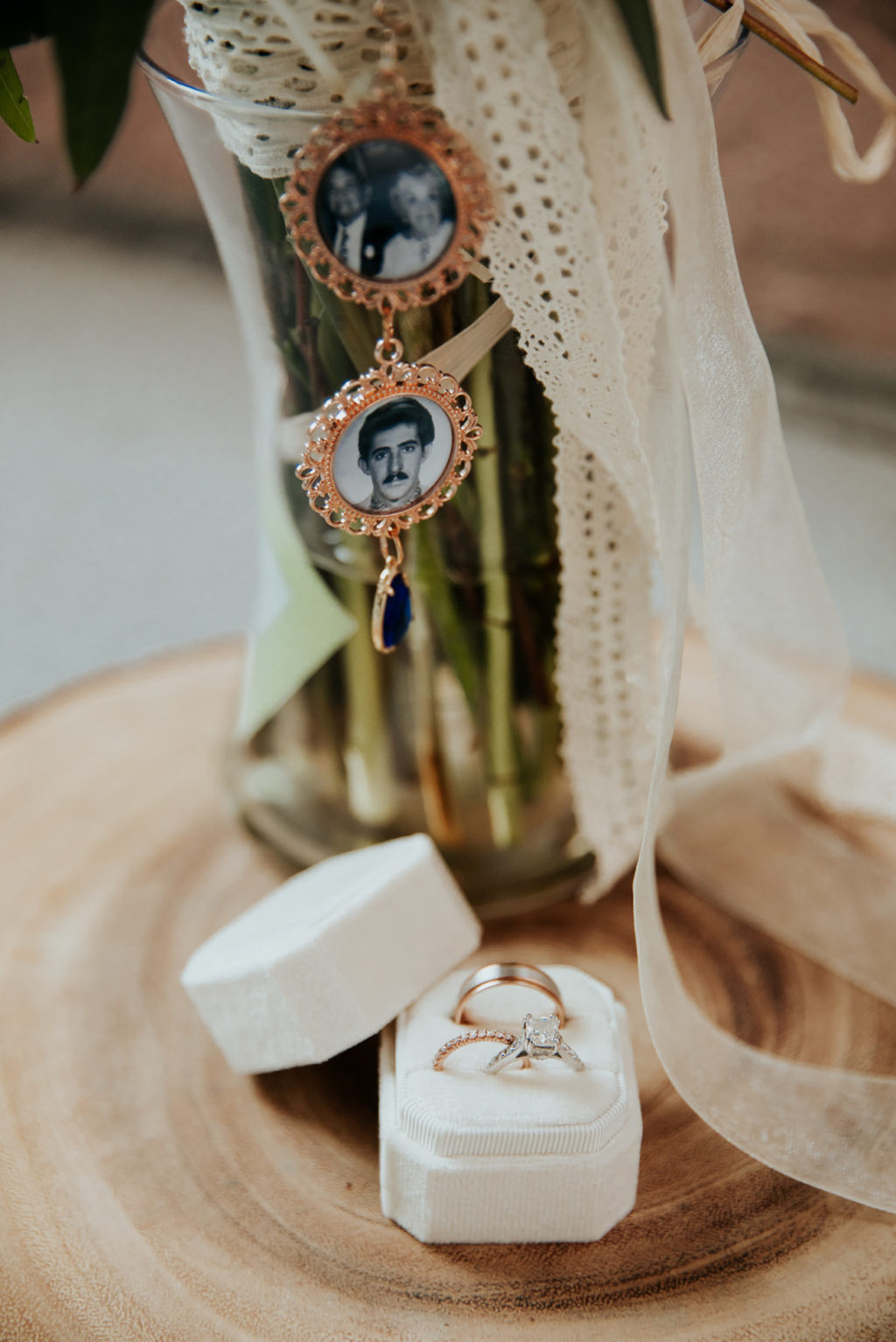 Wedding Bouquet Memory Locket Photo | Ivory Velvet Ring Box with Rose Gold Wedding Band and Diamond Engagement Ring