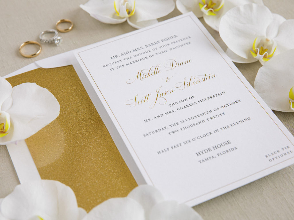 Timeless Classic White and Gold Wedding Invitation, White Orchid Flower Petals
