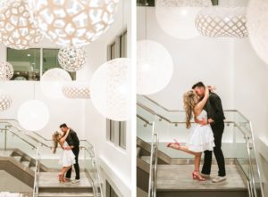 Urban and Edgy Bride in Short Wedding Dress and Red Wedding Shoes and Groom on Stairs | Tampa Bay Wedding Photographer Bonnie Newman Creative | Wedding VenueAloft/ Element Midtown Tampa | Wedding Hair and Makeup Adore Bridal Services | Wedding Dress Truly Forever Bridal