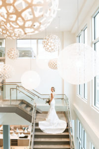 Bridal Wedding Portrait on Staircase | Modern South Tampa Wedding Venue Aloft | Wedding Photographer and Videographer Bonnie Newman Creative | Wedding Dress Truly Forever Bridal