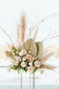 Organic Boho Modern White and Brown Wedding Ceremony Flowers with Peach Roses, Gold Leaves, and Feathers | Tampa Bay Wedding Florist Monarch Events