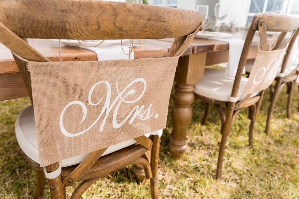 Rustic Wedding Reception Decor, Wooden Cross Back Chairs with Burlap Mr. and Mrs. Signs | Tampa Bay Wedding Planner Eventfull Weddings