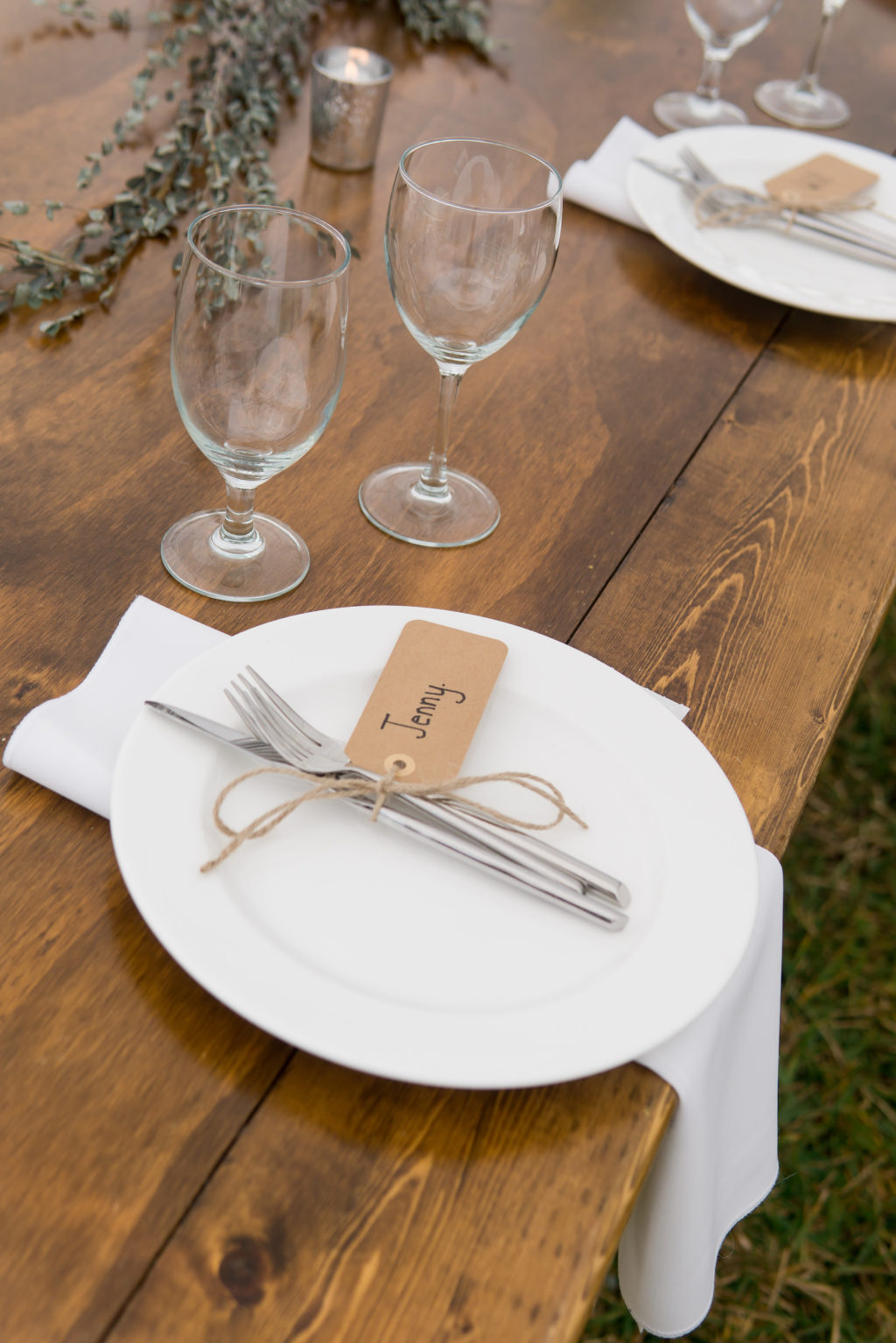 Rustic Wedding Reception Decor, Wooden Table with White Plates and Linen Napkins, Silverware and Cardstock Name Card | Tampa Bay Wedding Planner Eventfull Weddings
