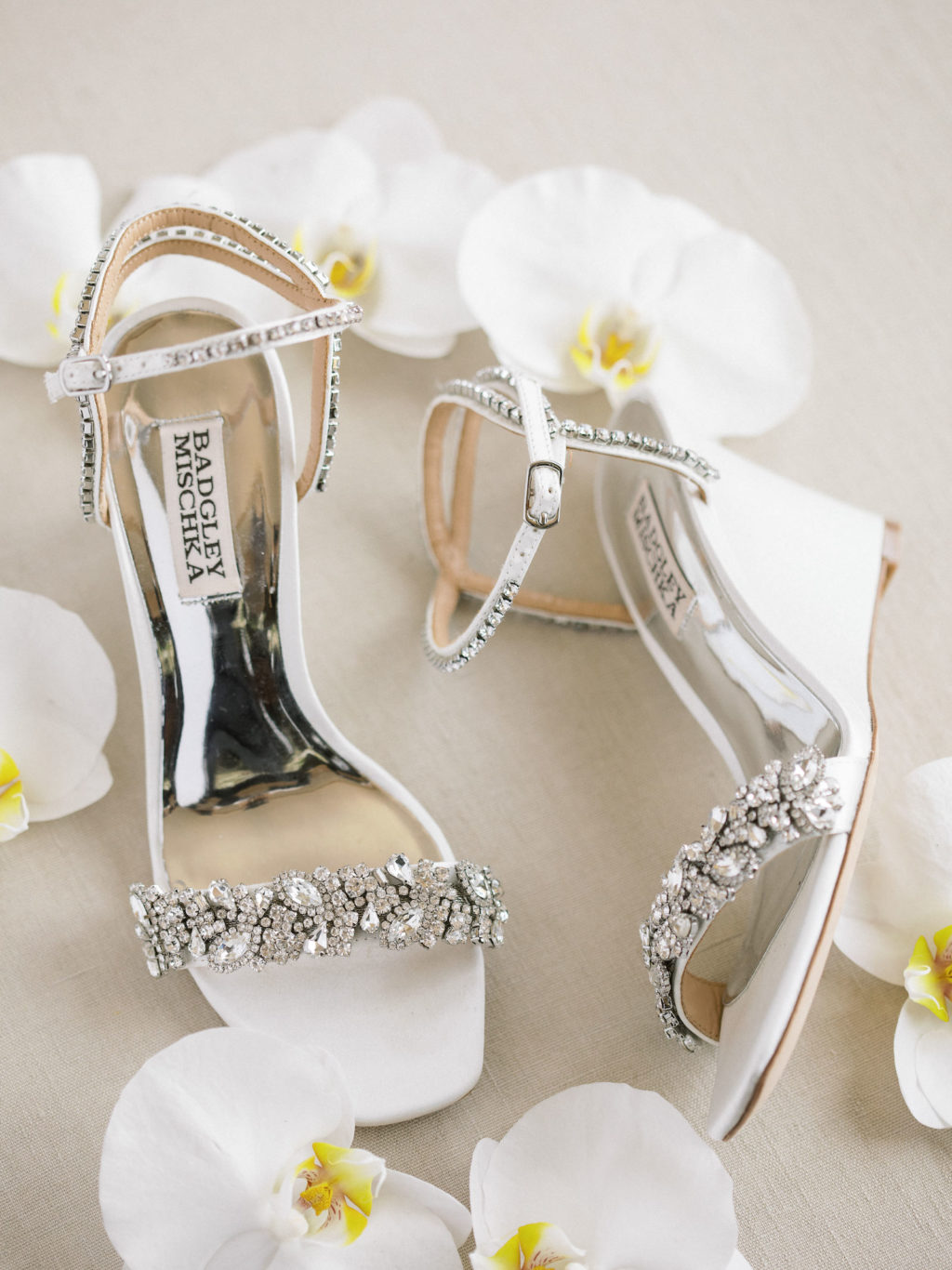 Timeless Classic White Badgley Mischka Rhinestone Strap Wedge Heel Wedding Shoes