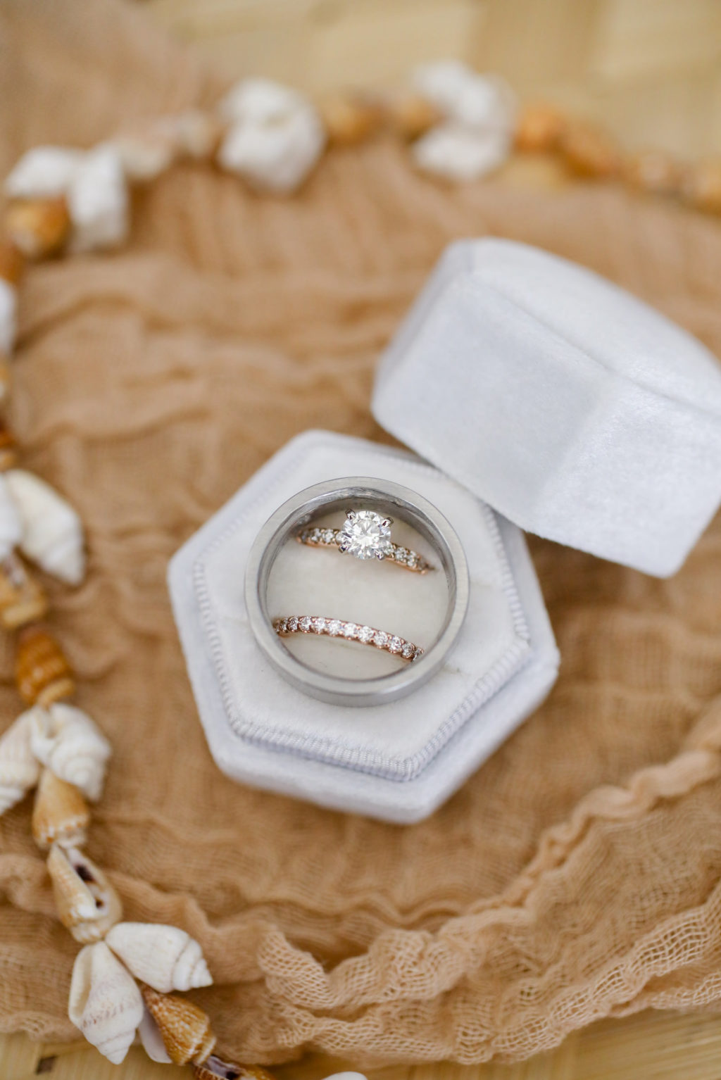 Round Diamond Engagement Ring, Rose Gold Diamond Bride Wedding Band in Gray Velvet Ring Box | Tampa Bay Wedding Photographer Lifelong Photography Studio