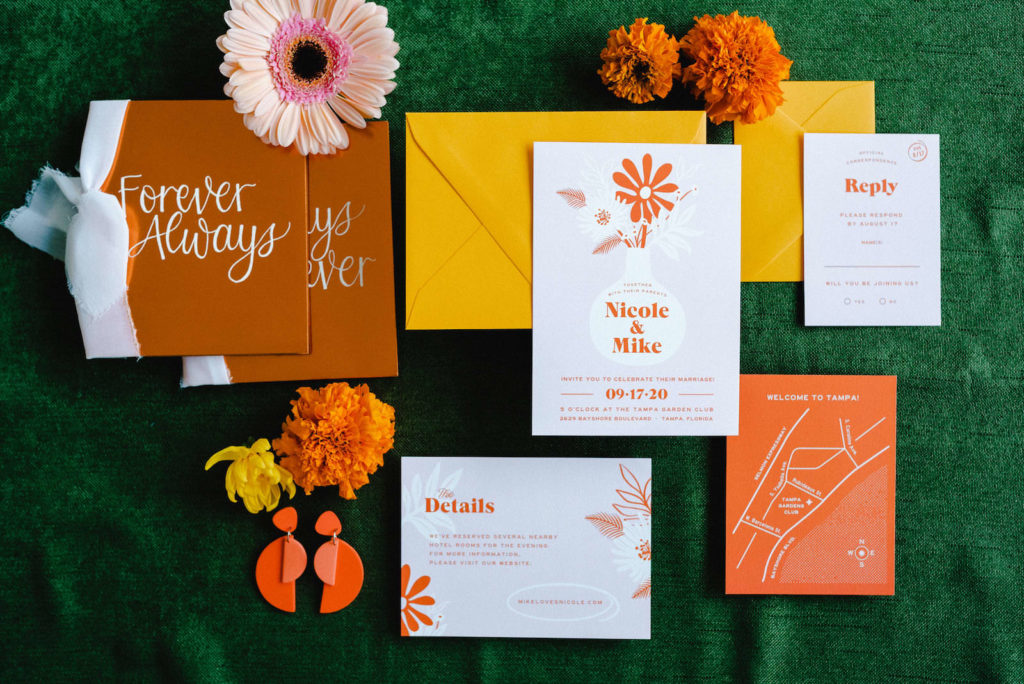Retro Mid Century Modern Colorful Yellow, Marigold, Burnt Orange and Floral Wedding Invitation Suite