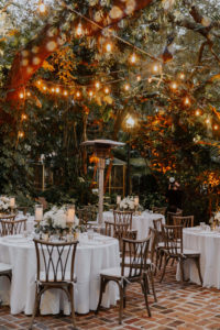 St. Pete Outdoor Wedding Reception Under the Palms with Cafe Lighting | Sunken Gardens | Crossback Wooden Chairs and Natural Centerpiece Decor