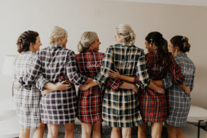Tampa Bay Bridesmaids with Mismatching Flannel Bridesmaids Robes as Gift with Customized Names, Florida Hair and Makeup Styled by Femme Akoi Beauty Studio