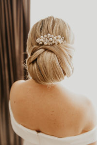Florida Bridal Hair Inspiration, Inspired By Hailey Beiber 2018 Bridal Look with Chignon Hairstyle with Pearl Hair Comb, Polished Low Up Do Bun | Tampa Bay Wedding Hair and Makeup Artist Femme Akoi Beauty Studios