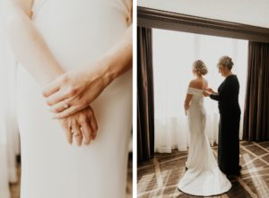 Florida Bride Getting Reading in Elegant BHLDN White Wedding Dress, Off The Shoulder, Fit and Flair Style, Smooth and Classic Satin, with Gold Diamond Soliatre Ring, Hair Styled in Chignon Bun, Mother of Bride in Black Long Dress Zipping Up Daughters Gown | Tampa Bay Hair and Makeup Femme Akoi Beauty Studio