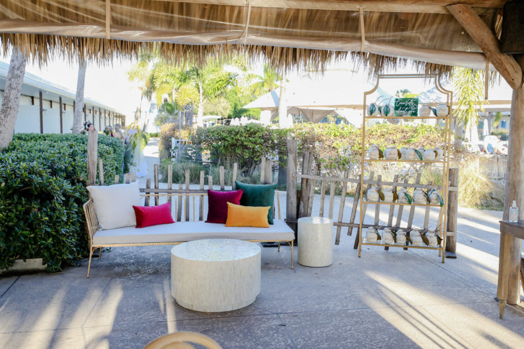 Tropical St. Pete Beach Florida Wedding Reception Venue Postcard Inn on the Beach, Lounge Seating with Colorful Cushions on Bench | Tampa Bay Wedding Photographer Lifelong Photography Studio