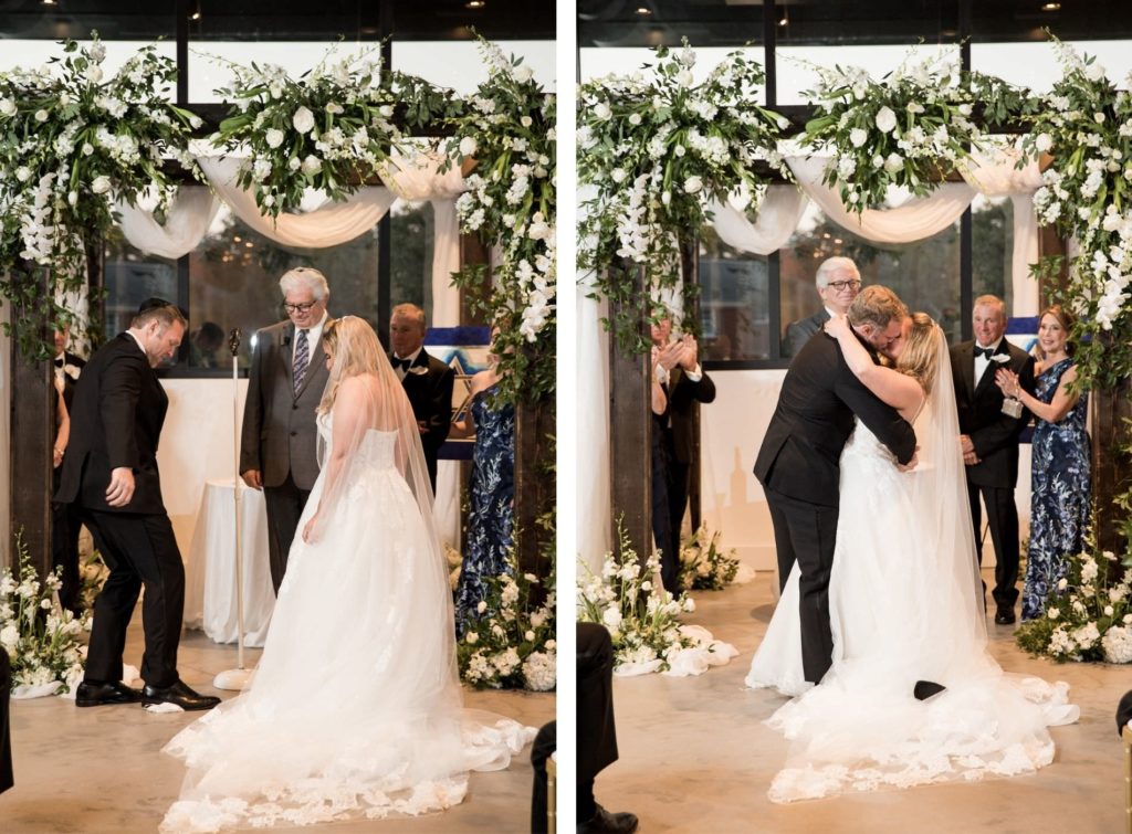 Traditional Wedding Ceremony, Bride and Groom Under White Linen, Greenery and White Floral Arrangements Chuppah | Tampa Bay Wedding Venue Hyde House