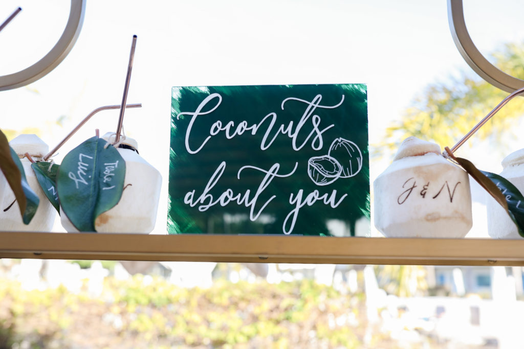 Tropical Wedding Reception Decor, Acrylic Green Sign "Coconuts About You", Personalized Coconuts | Tampa Bay Wedding Photographer Lifelong Photography Studio