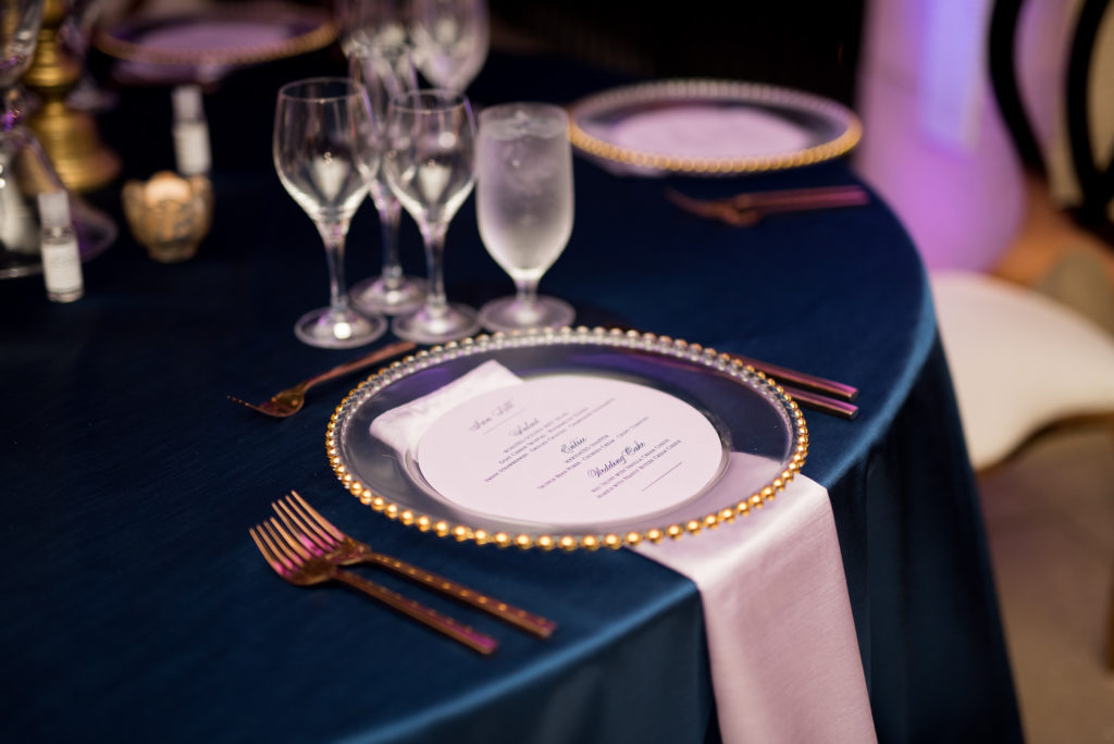 Beach Wedding Reception Decor, Gold Beaded Charger, Purple Linen Napkin, Gold Flatware | Tampa Bay Wedding Photographer Kera Photography