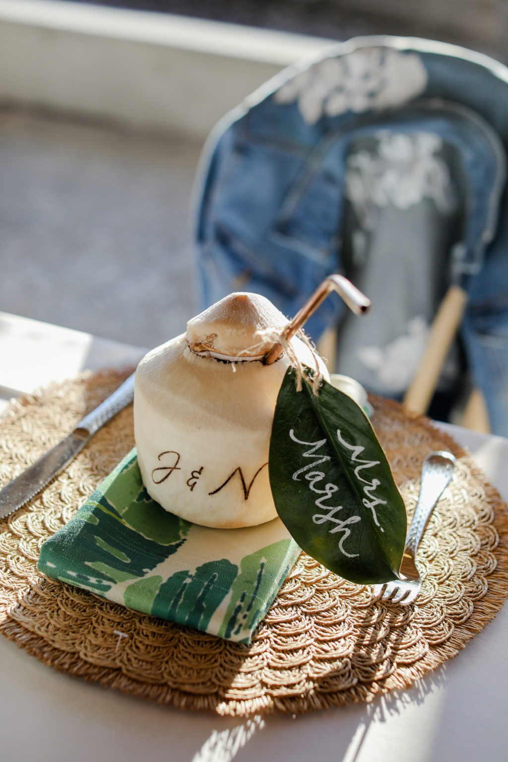 Tropical Wedding Reception Decor, Palm Leaf Linen Napkin, Rattan Charger, Personalized Coconuts | Tampa Bay Wedding Photographer Lifelong Photography Studio